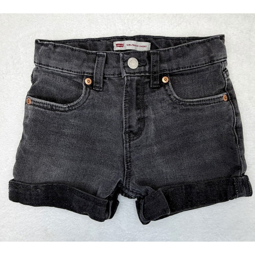 Levi's Girls Size 10 Girlfriend Short Black Denim Cuffed Stretch Waist Adjuster